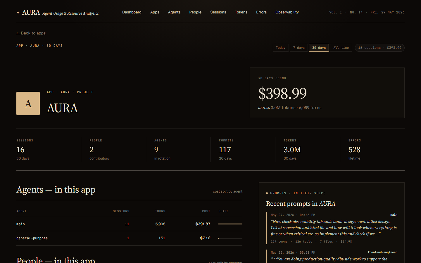 Aura app detail page showing agent roster, commit history, and prompt feed for a single application