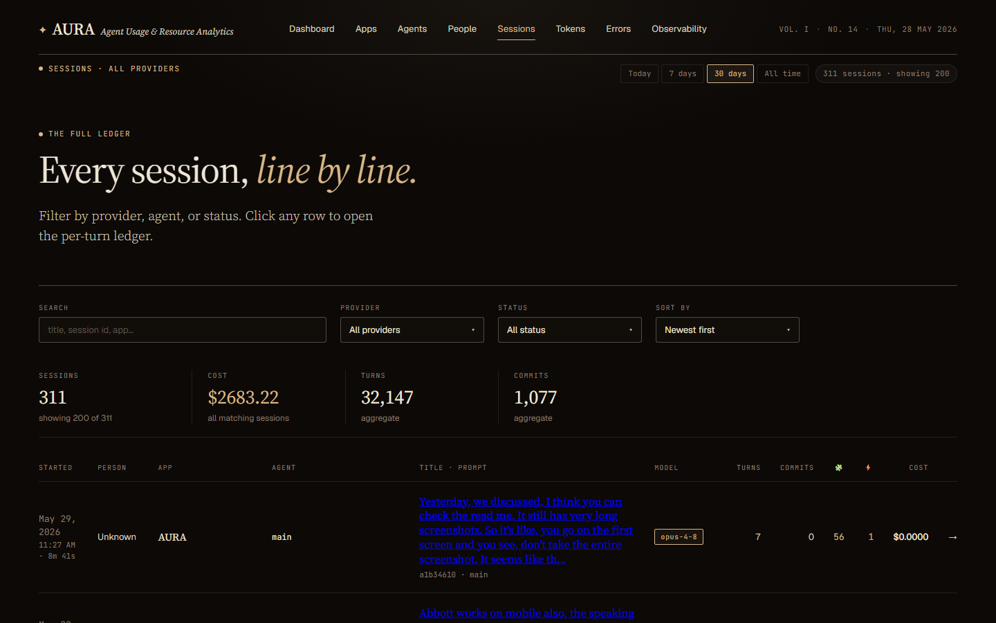 Aura sessions list showing per-session cost, model, agent attribution, and turn count for Claude Code sessions